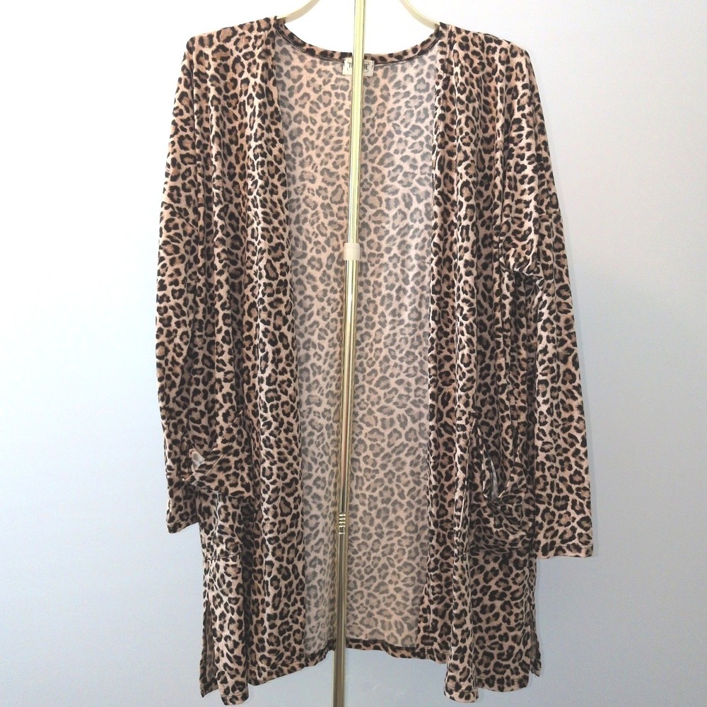 Texas True Threads Cardigan Women Large Brown Leopard Print Open Front Pockets